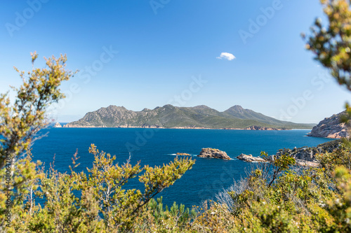 Panoramic view of Freycinet Peninsula, East Coast Tasmania, Australia, seen through bushes at Cape Tourville Lighthouse. Mount Graham and Mount Freycinet are the two highest peaks in the background.
