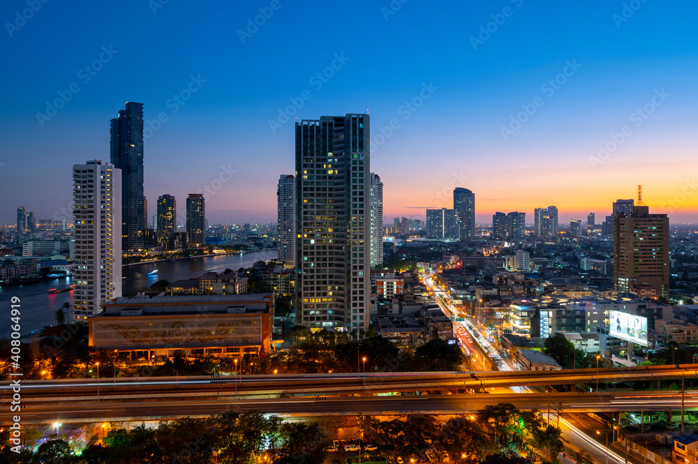 Bangkok city skyline in downtown at dusk and night view. Stock Photo ...