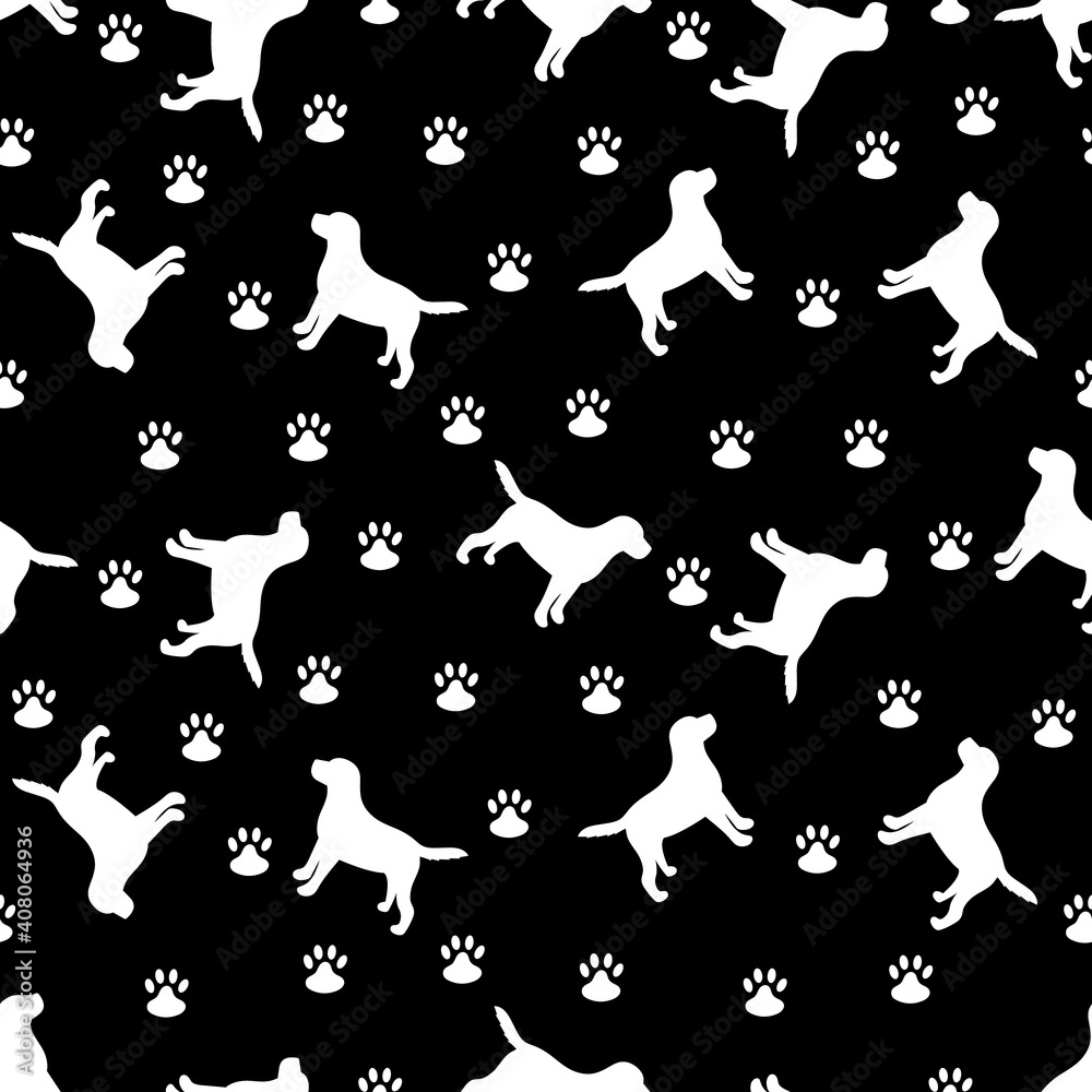 White silhouette of a dog on a black background. Vector illustration. Seamless pattern.	