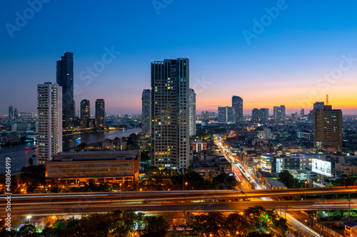 Bangkok city skyline in downtown at dusk and night view.