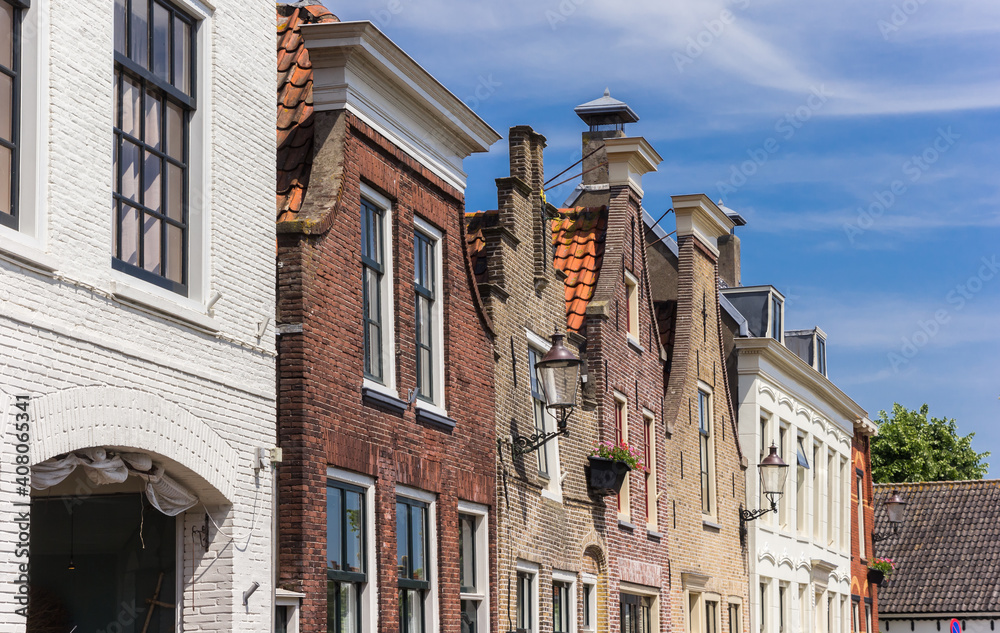 Facades of old brick houses in Haastrecht, Netherlands