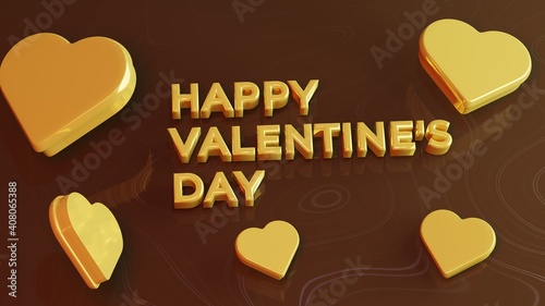 Valentine's Day 3D Illustration with Shiny Gold Hearts and Chocolate Background