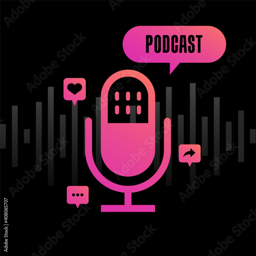 Vector illustrate the microphone icon in a black and white negative space.  Studio microphone table broadcast podcast text. Logo, application, user interface. Podcast radio icon. 