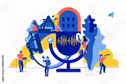 Vector illustrations concept design podcast channel. Teamwork make podcasting.Studio microphone table broadcast people. Podcast radio icon. 