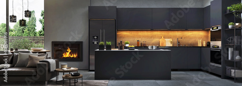 Beautiful open plan matte black kitchen and dining area with fireplace