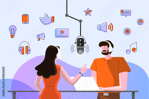 Vector illustrations concept design podcast channel. Teamwork make podcasting.Studio microphone table broadcast people. Podcast radio icon. 