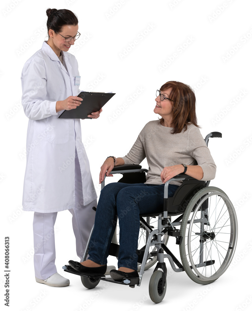 doctor talking with an elderly woman in a wheelchair isolated on white background doctor talking with an elderly woman in a wheelchair isolated on white background