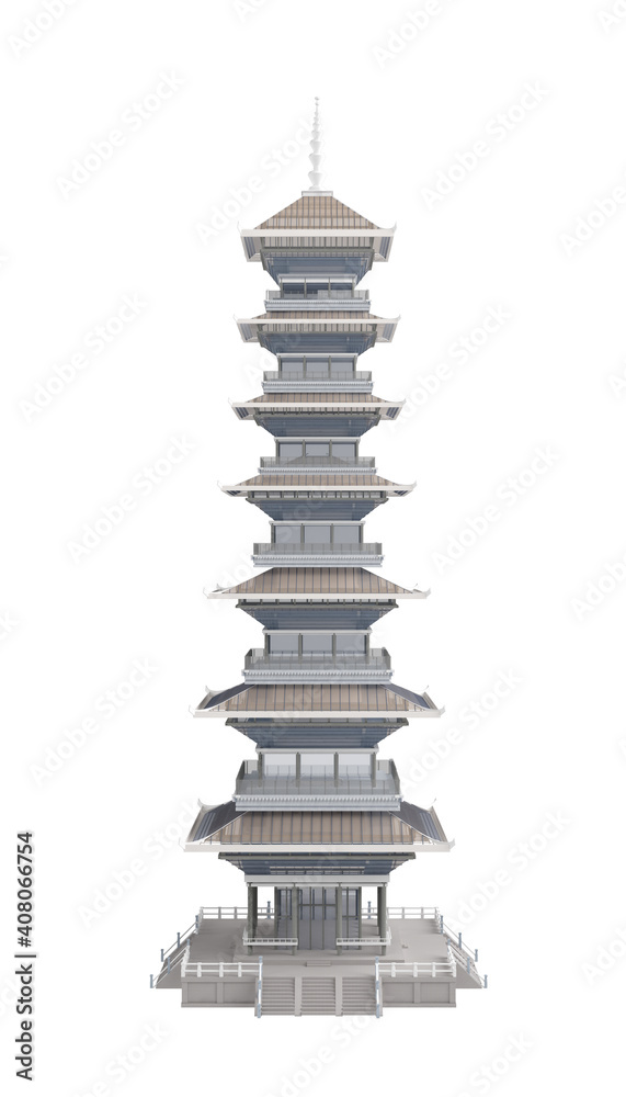 seven storey japanese building isolated on white