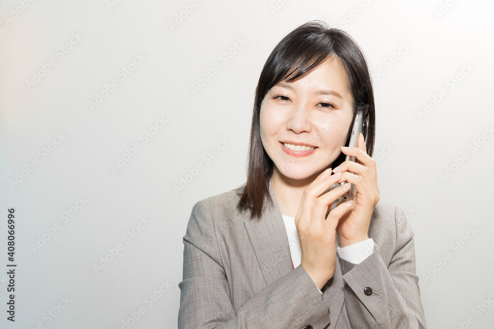 Woman calling for work with a smile Woman calling for work with a smile