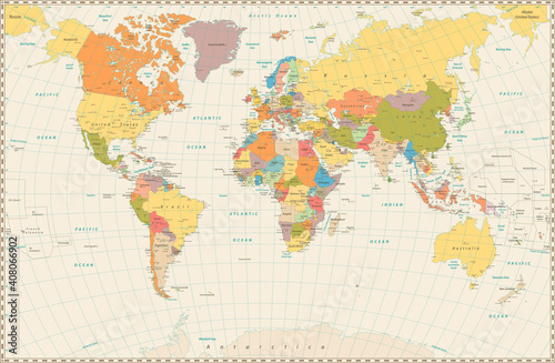 Fototapeta Naklejka Na Ścianę i Meble -  Detailed retro political World Map