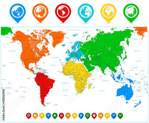 Detailed vector World map with colorful continents and map pointers