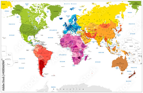 Fototapeta Naklejka Na Ścianę i Meble -  Detailed World Map spot colored illustration