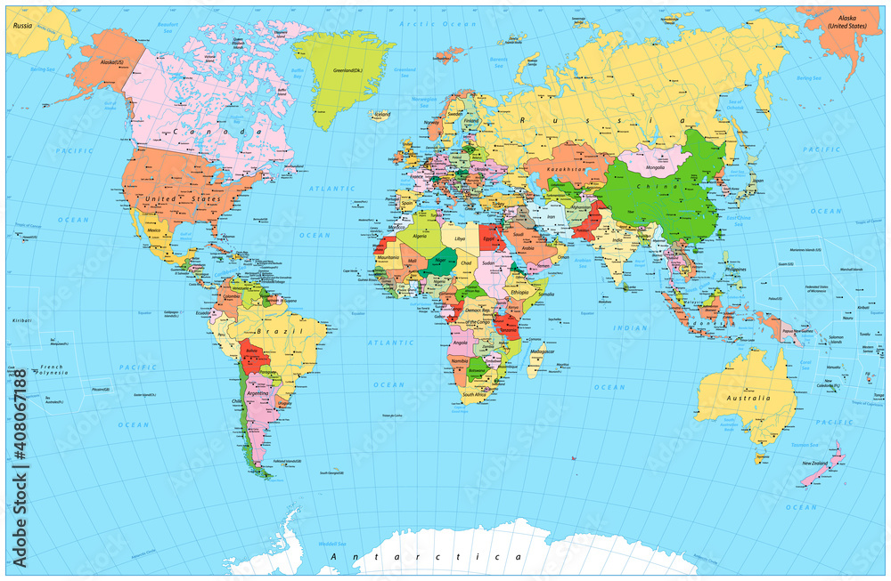 Large detailed political World Map with water objects