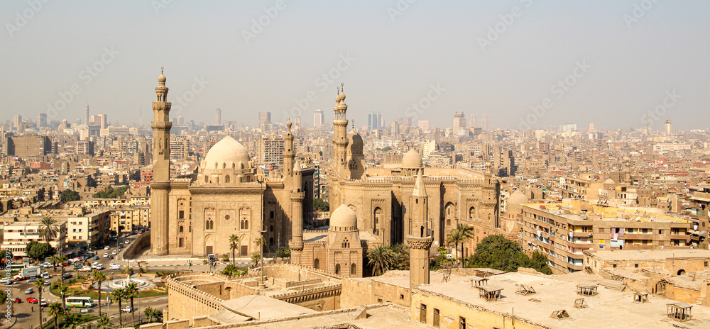 Panoramic view of the Rifai and Sultan Hassan Mosques in Cairo, Egypt