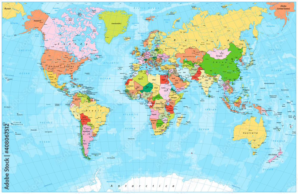 Fototapeta Szczegółowa mapa polityczna świata ze stolicami, rzekami i jeziorami