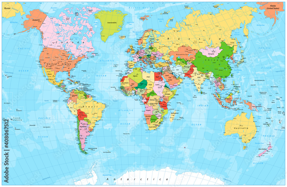 Fototapeta Detailed Political World Map With Capitals Rivers And 