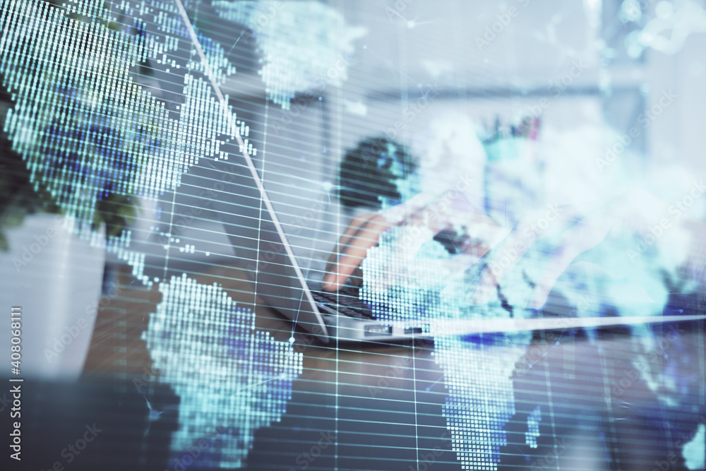 Double exposure of woman hands typing on computer and business theme hologram drawing. Success concept. Double exposure of woman hands typing on computer and business theme hologram drawing. Success concept.