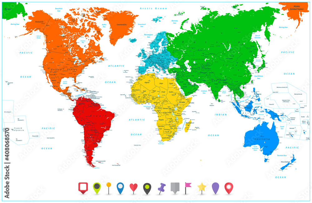 World map with colorful continents and flat map pointers