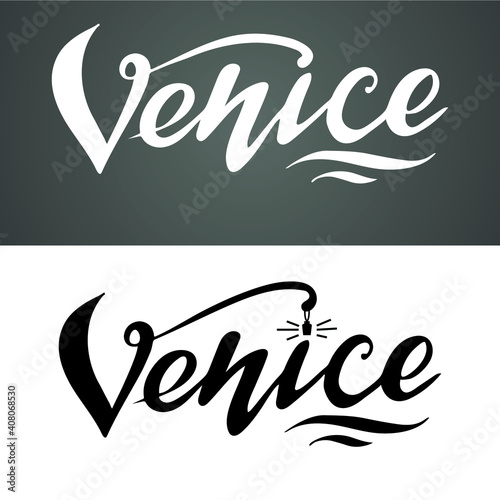 Venice logo, the digital handwritten title for postcards, banners, posters, pictures, calendars, ads, black letters on the white background.