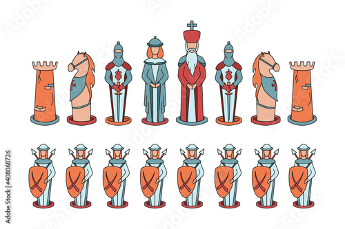 Vector set of chess pieces in cartoon style: king, queen, bishop, knight, rook, pawn. Hand-drawnind vector illustration