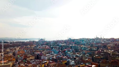 fly over buildings with drone towards Hagia Sophia