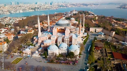 Unique view of Hagia Sophia and Istanbul with drone.