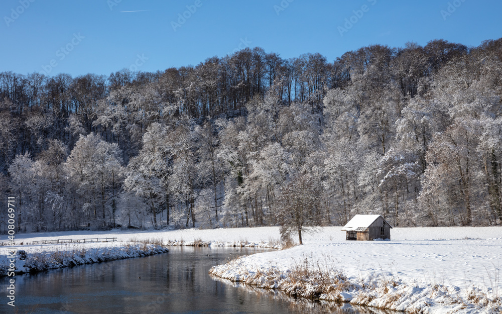 winter landscape, a Stable near the river. winter landscape, a Stable near the river.