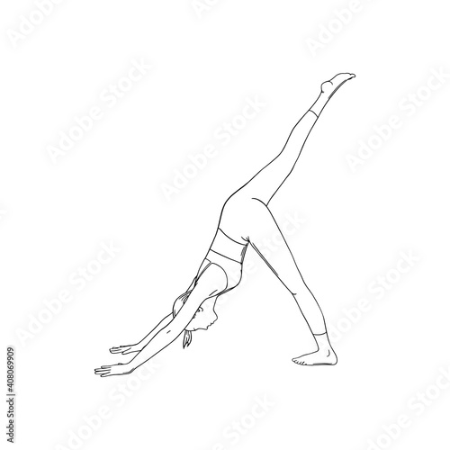 Yoga downward facing three legged dog pose or Svanasana. Female yoga improving health. Sketch vector illustration isolated on white background