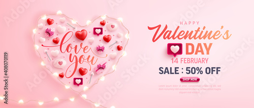 Happy Valentine's Day Sale Poster or banner with symbol of heart from LED String lights and valentine elements on pink background. Promotion and shopping template for love and Valentine's day concept.