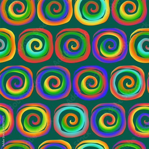 Bright seamless pattern in hippie style of rainbow spirals on a tidewater green color background