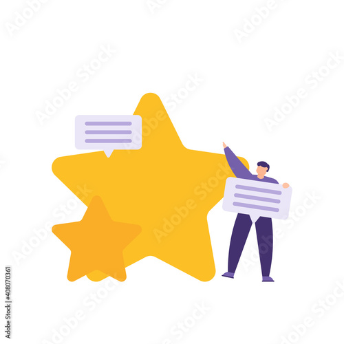 a concept of reviews, customer ratings, user feedback. illustration of a man giving stars and comments. the best comment. flat style. vector design elements