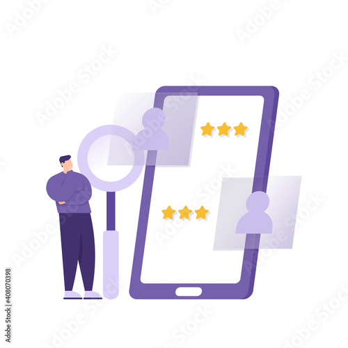 a concept of recruiting new employees or workers. illustration of an HRD or Human Resources Development staff reviewing information on prospective job applicants on a smartphone. job application.