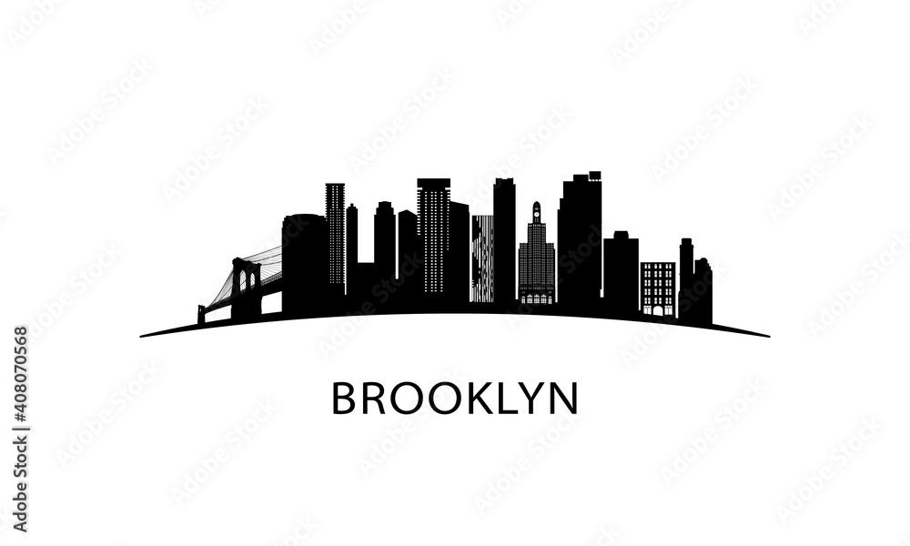 Brooklyn NY city skyline. Black cityscape isolated on white background. Vector banner.