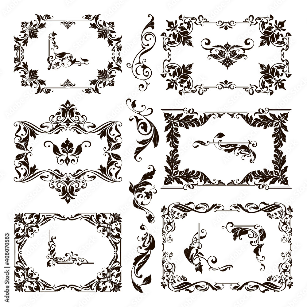 Fototapeta premium Ornamental design lace borders and corners Vector set art deco floral ornaments elements