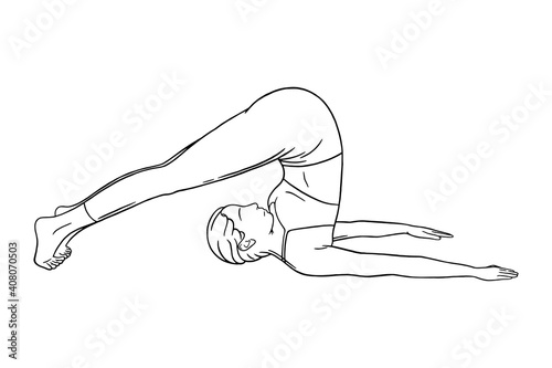 Yoga plow pose or halasana. Woman practicing stretching yoga pose. Engraved vector illustration isolated on white background photo