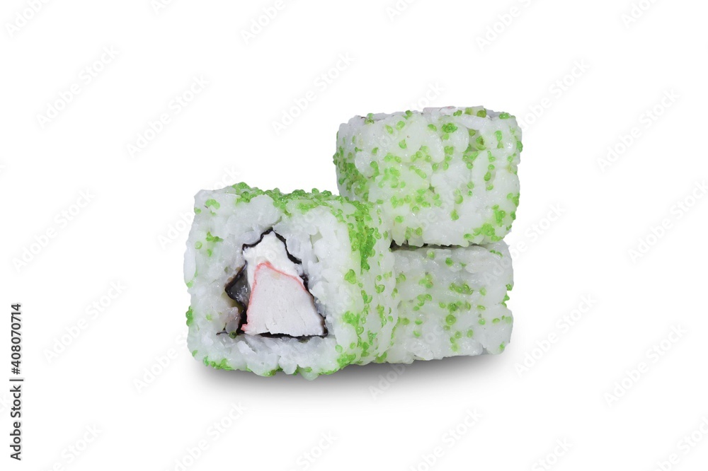 Sushi rolls on an isolated white background. Sushi with crab meat, philodelphia cheese Sushi rolls on an isolated white background. Sushi with crab meat, philodelphia cheese
