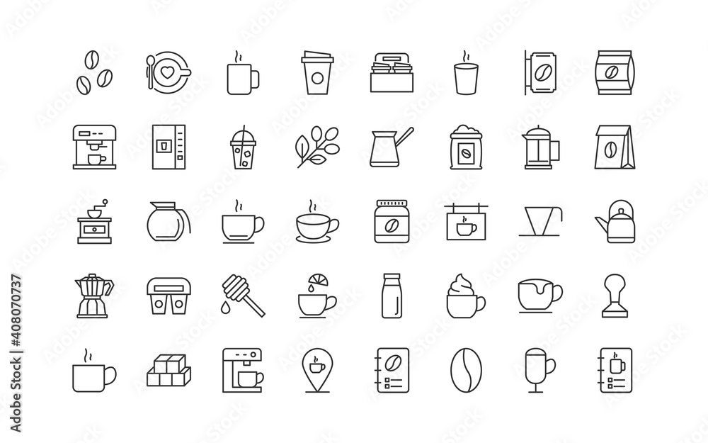 set of coffee thin line icons, coffee bean, hot coffee, ice coffee, drinks set of coffee thin line icons, coffee bean, hot coffee, ice coffee, drinks