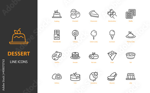 set of dessert thin line icons, cake, sweet, bakery