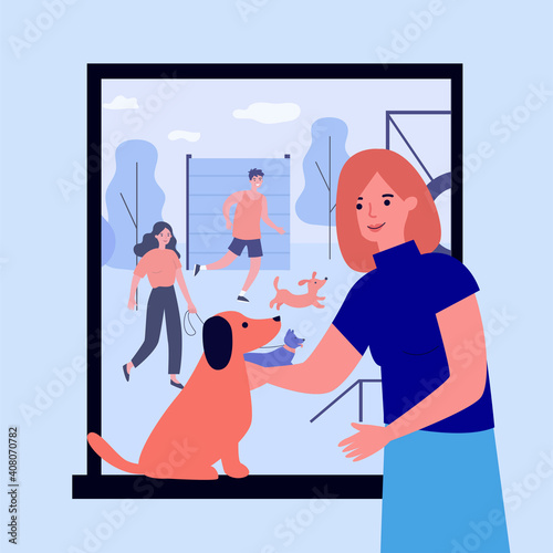 Happy owners training dogs on special site. Friend, puppy, hound flat vector illustration. Domestic animals and pets concept for banner, website design or landing web page