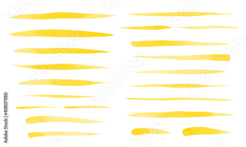 Collection of yellow watercolor brush strokes, uneven lines, stripes, underlines, doodle streaks, fusiform smears. Hand drawn watercolour graphic design elements set, text backgrounds,  templates. photo