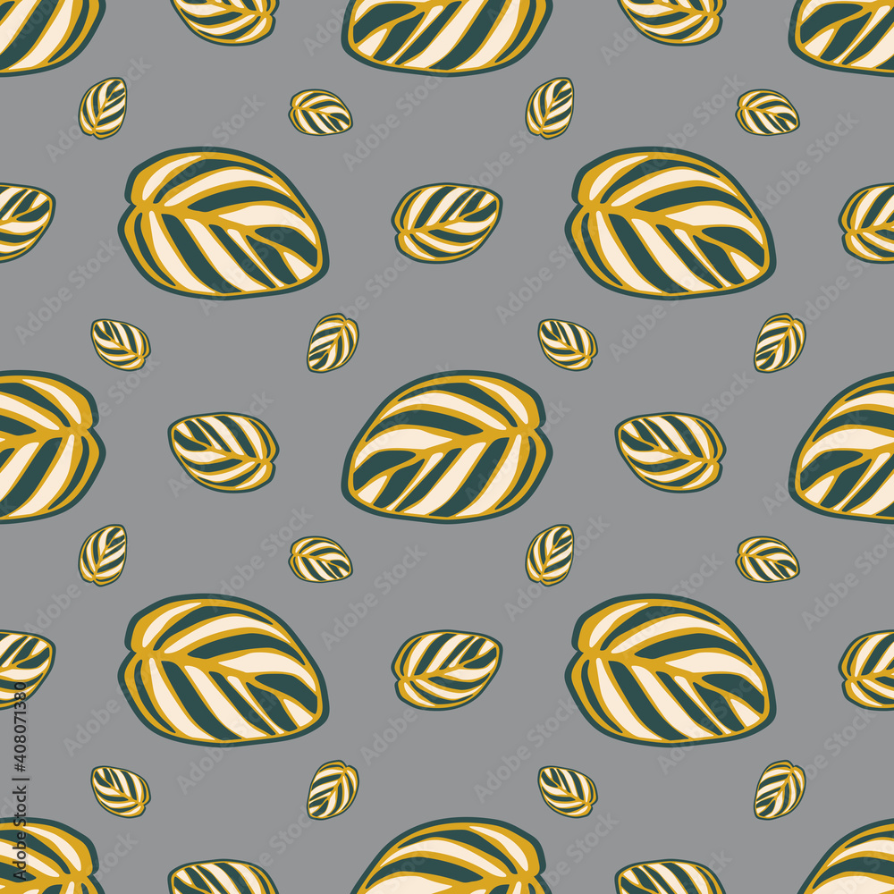 Seamless pattern of striped large leaves on a gray background. Template for printing on textiles, fabrics, bed linen, wrapping paper, covers, wallpaper. 