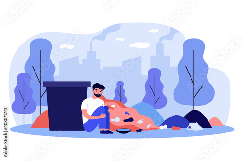 Sad homeless man sitting near trash container. Rubbish, cityscape, beggar flat vector illustration. Poverty and beggary concept for banner, website design or landing web page