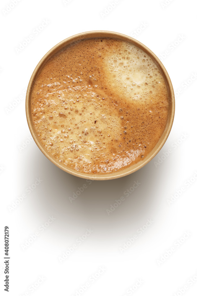 Full brown paper coffee cup isolated on white. Top view. Full brown paper coffee cup isolated on white. Top view.