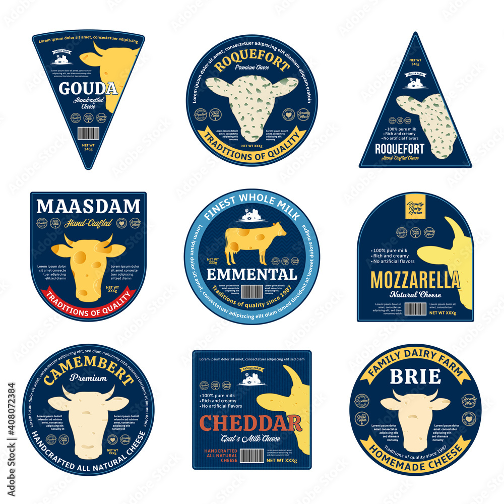 Set of vector cheese labels and packaging design elements. Cheese textures. Cow, sheep, and goat icons