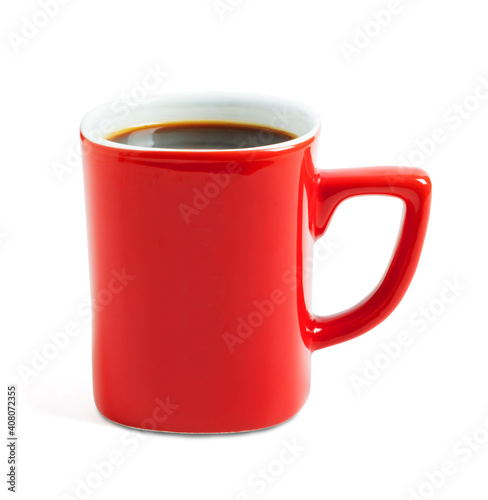 Black coffee in a red cup on plate top view isolated on white background. With clipping path