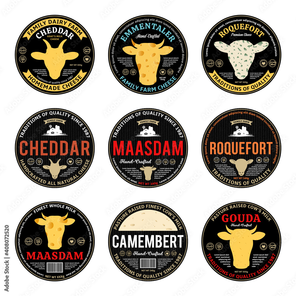 Naklejka premium Set of vector cheese round labels and packaging design elements. Different types of cheese detailed textures. Cow, sheep and goat icons