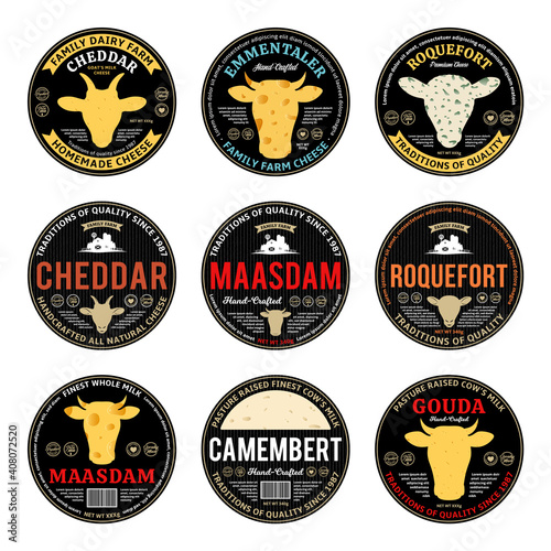 Set of vector cheese round labels and packaging design elements. Different types of cheese detailed textures. Cow, sheep and goat icons