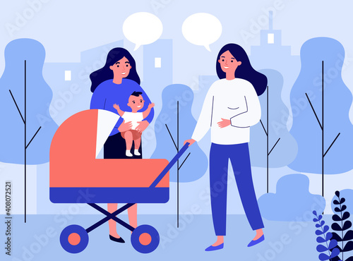 Female friends walking with baby in stroller and chatting. New mom in park with pram. Flat vector illustration. Motherhood, maternity leave concept for banner, website design or landing web page