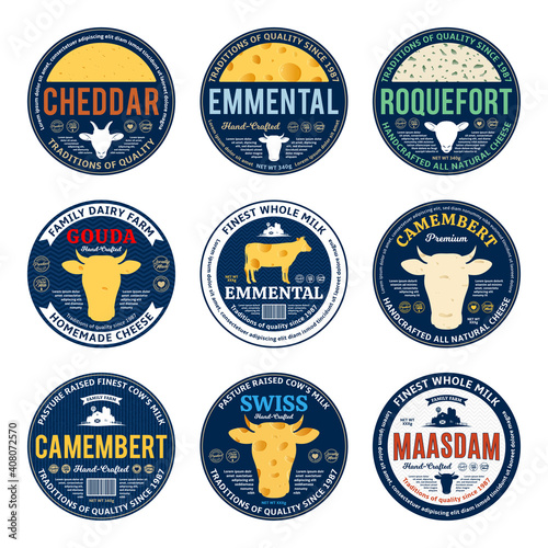 Set of vector cheese round labels. Cheese detailed textures. Cow, sheep and goat icons