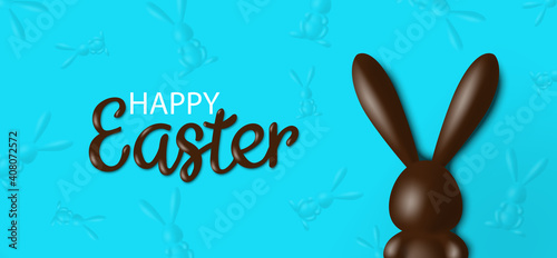 happy easter banner greeting card design with 3d chocolate rabbit figure   on blue background